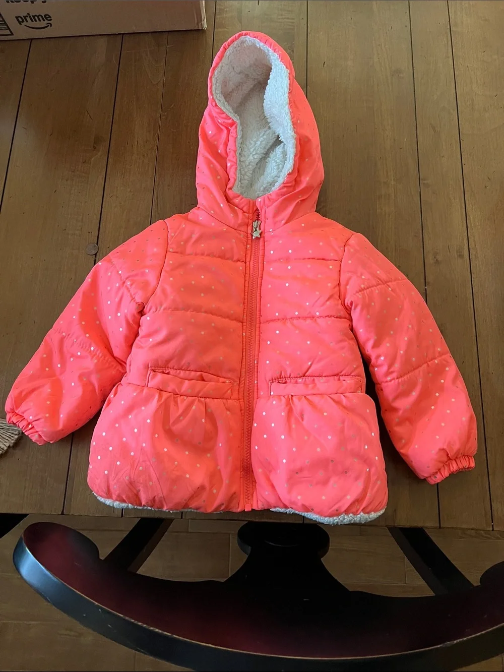 Kids Hooded Puffer Jacket in Coral  with Dots